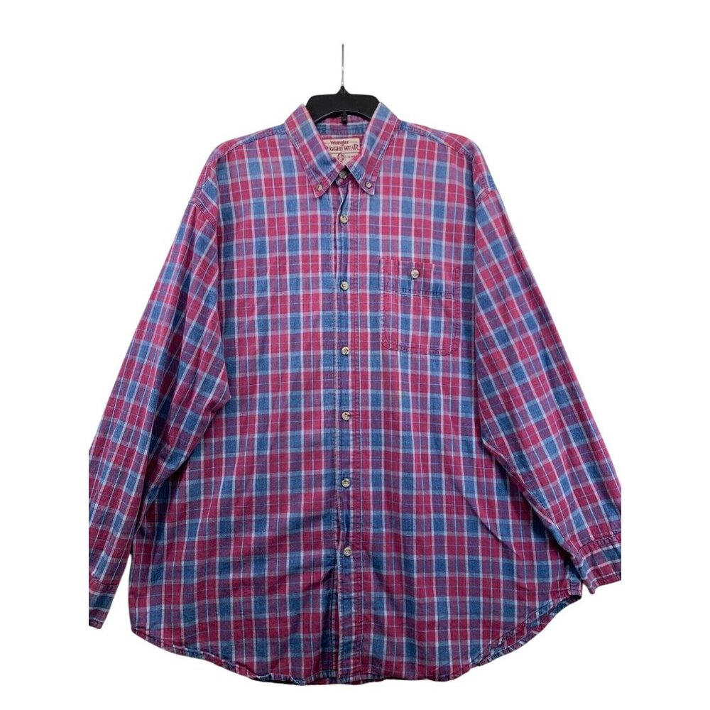 Wrangler Rugged Wear Mens Long-Slv Button Shirt XXL Red Plaid Outdoorsy Vintage